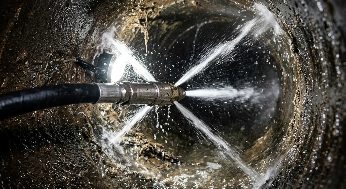 High-pressure hydro jetting nozzle cleaning sewer pipe for Sewer Cleanout in San Pablo
