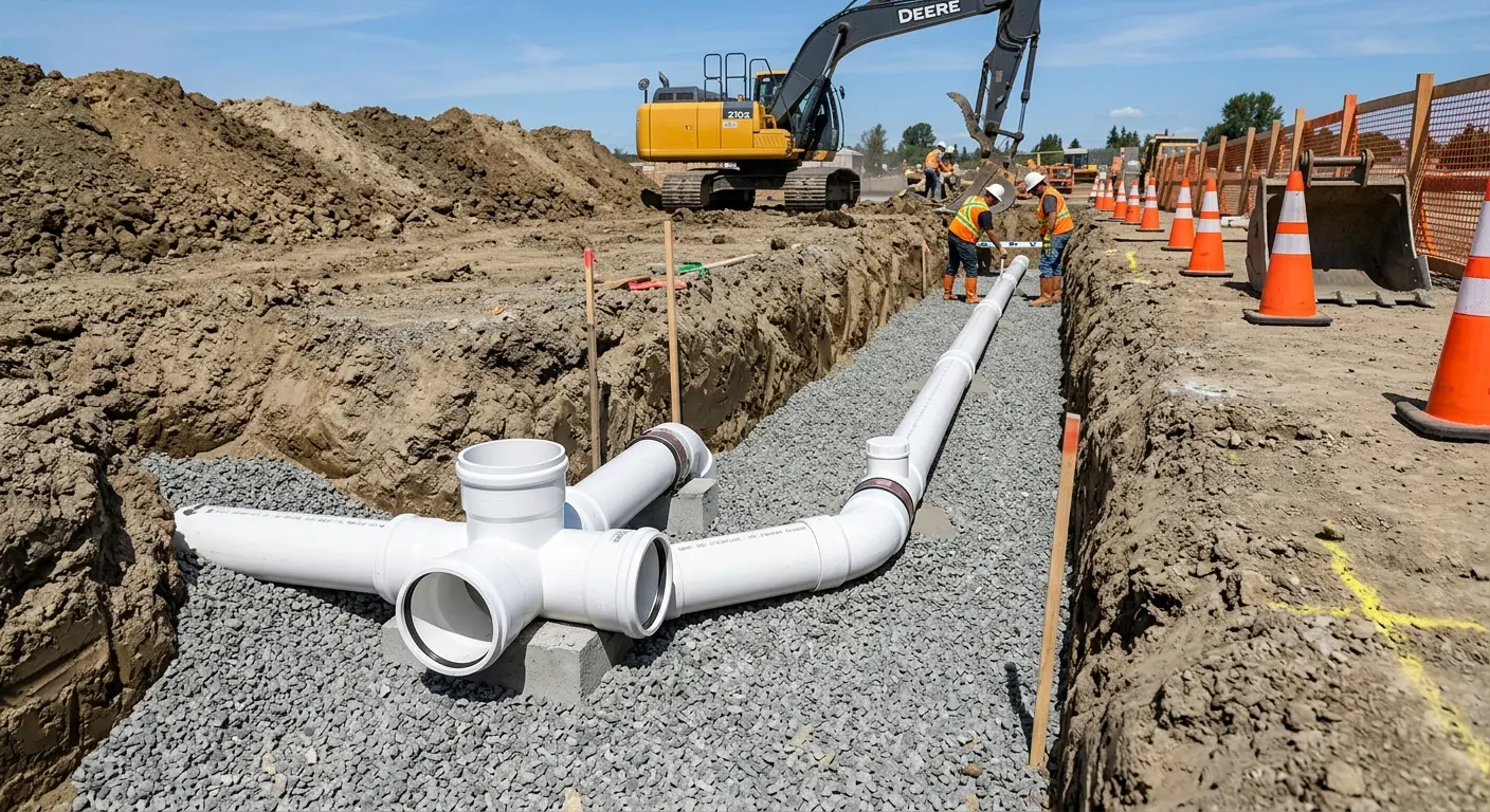 New PVC sewer pipe installation in open trench for Grease Trap Cleaning in San Pablo