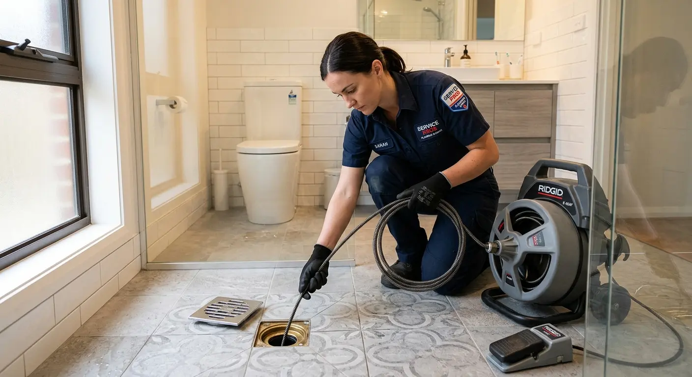 Technician clearing a bathroom floor drain for Drain Cleaning in San Pablo